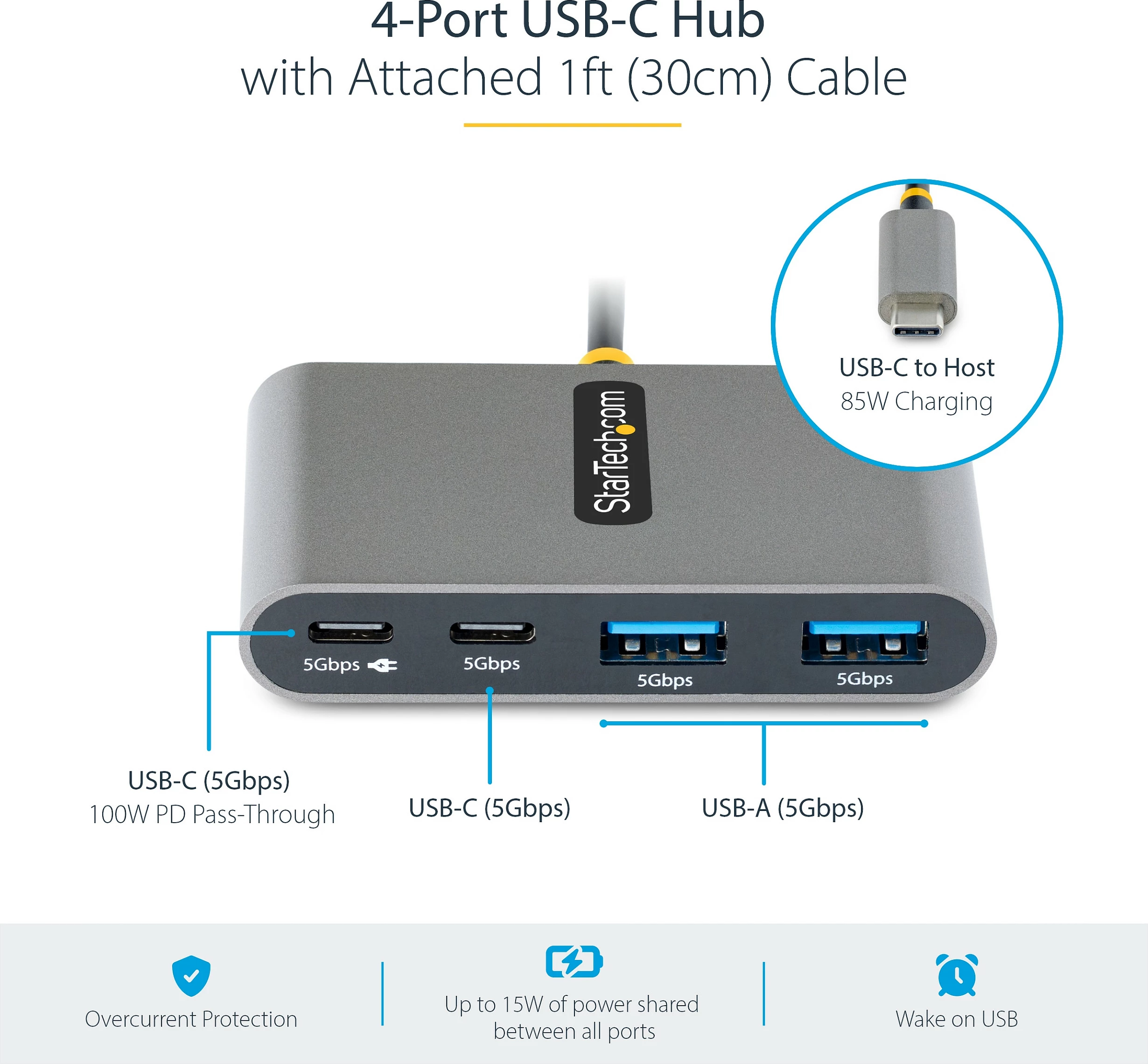 Hub USB-C StarTech 4-Port, 2x USB-A + 2x USB-C, 100W Power Delivery, 5Gbps, kabllo 30cm, gri