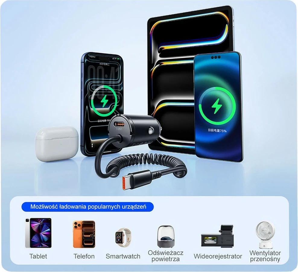 Karikues veture Orico, 2x USB-C, PD 30W, me kabllo spirale, zi