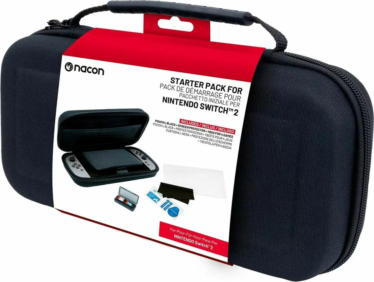 Set aksesorësh Nacon Starter Pack për Nintendo Switch 2, kasë mbrojtëse + mbrojtëse ekrani + kuti për 4 lojëra, e zezë