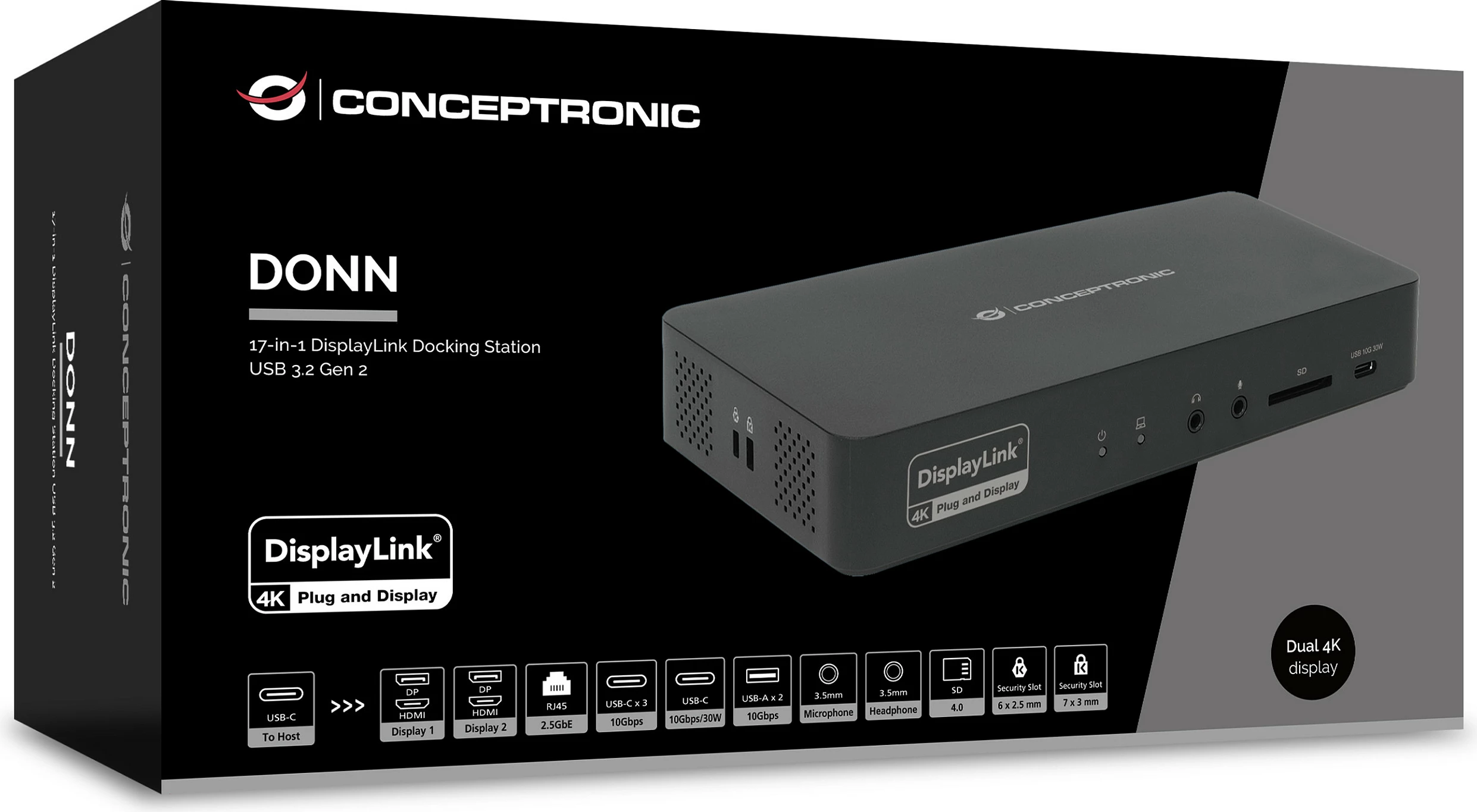 Docking stacion Conceptronic DONN31B, 17-në-1, USB-C 3.2 Gen 2, 100W PD, 4K@60Hz, Ethernet 2.5GbE, i zi