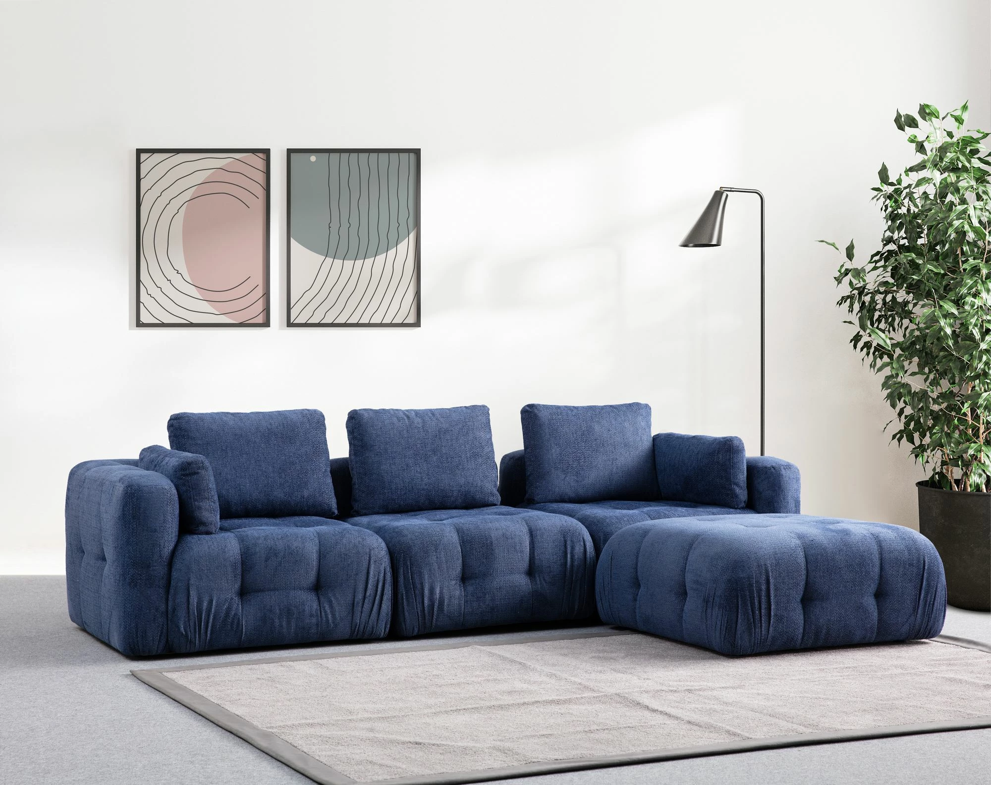 Këndare Amaris 3 vende me pouffe, ngjyrë navy blue
