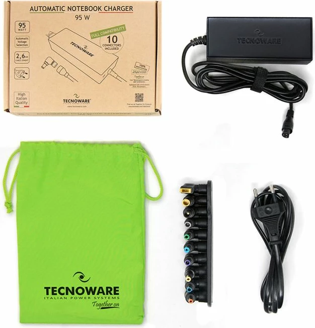 Karikues universal për laptop TECNOWARE FAU17610 95W, i zi, set me 10 konektorë
