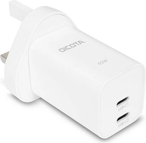 Karikues muri DICOTA 2-port GaN 65W, USB-C, prizë UK, i bardhë