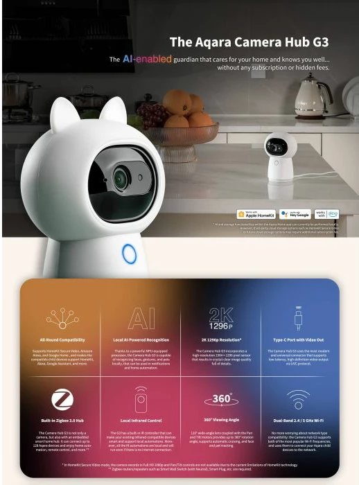 Kamerë IP smart me hub Aqara Camera Hub G3 2K (1296p), Zigbee 3.0, Wi‑Fi, pan/tilt 360°, e bardhë 5
