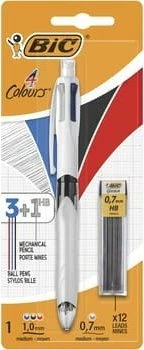 Stilolaps shumëngjyrësh BIC 4 Colours 3+1, 3 ngjyra + lapës mekanik 0.7mm HB, set 1+12