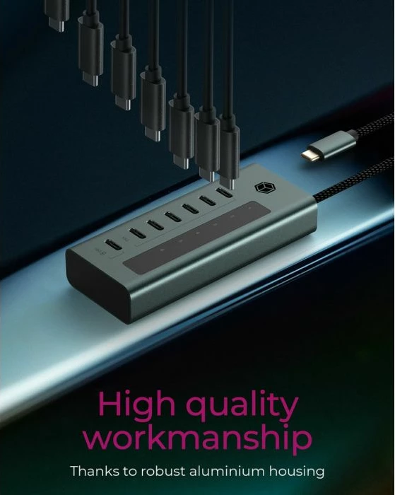 USB-C hub ICYBOX IB-HUB1457-C31 7-port USB 3.2 Gen 2 10 Gbit/s me PD 20 W, gri/blu
