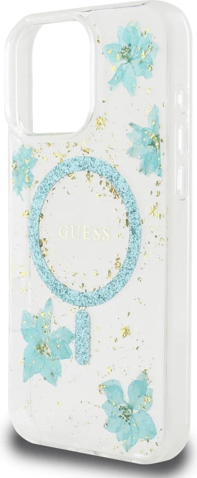 Mbështjellës Guess Resin Flowers Glitter MagSafe për iPhone 16 Pro, Transparent/Turkeze