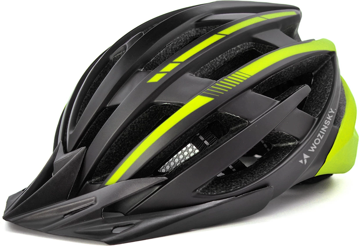 Helmetë biçiklete MTB, Wozinsky HT-28VCZ, me dritë të pasme USB, madhësia M (54-57 cm), e zezë e verdhë