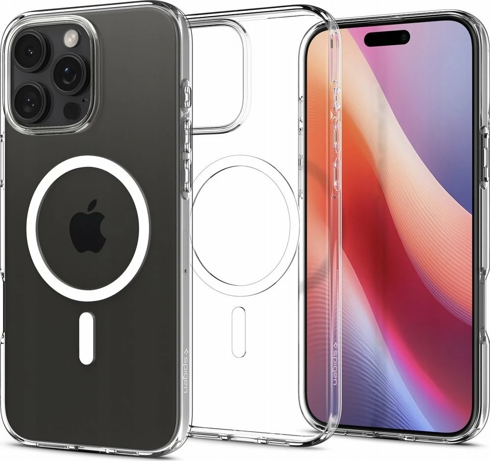 Mbështjellës Spigen Liquid Crystal Mag për iPhone 16 Pro Max, MagSafe, TPU, Transparent (unazë magnetike e bardhë)
