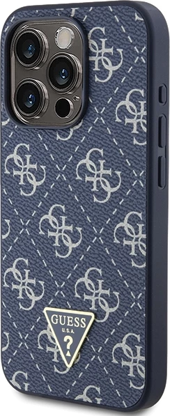 Mbështjellës Guess 4G Triangle Metal Logo GUHCP15XPG4GPB për iPhone 15 Pro Max 6.7", hardcase, TPU/PC/Eko-lëkurë, blu, në kuti
