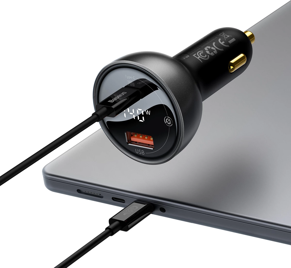 Karikues veture Baseus CGZX070001 me ekran digjital, 140W, USB-A/USB-C, me kabllo USB-C 1m, zi