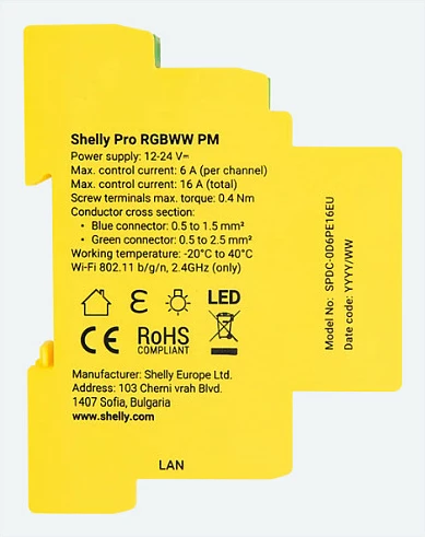 Relais smart Shelly Pro RGBWW PM, Wi-Fi/LAN/BT, plastik, verdhë