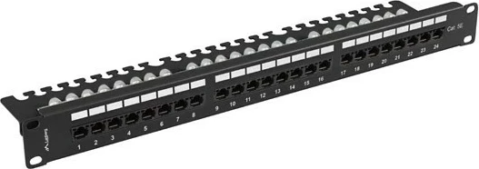 Patch panel LANBERG 24 porta, 1U, 19 inç, kat.5E, me organizer kabllash, zi