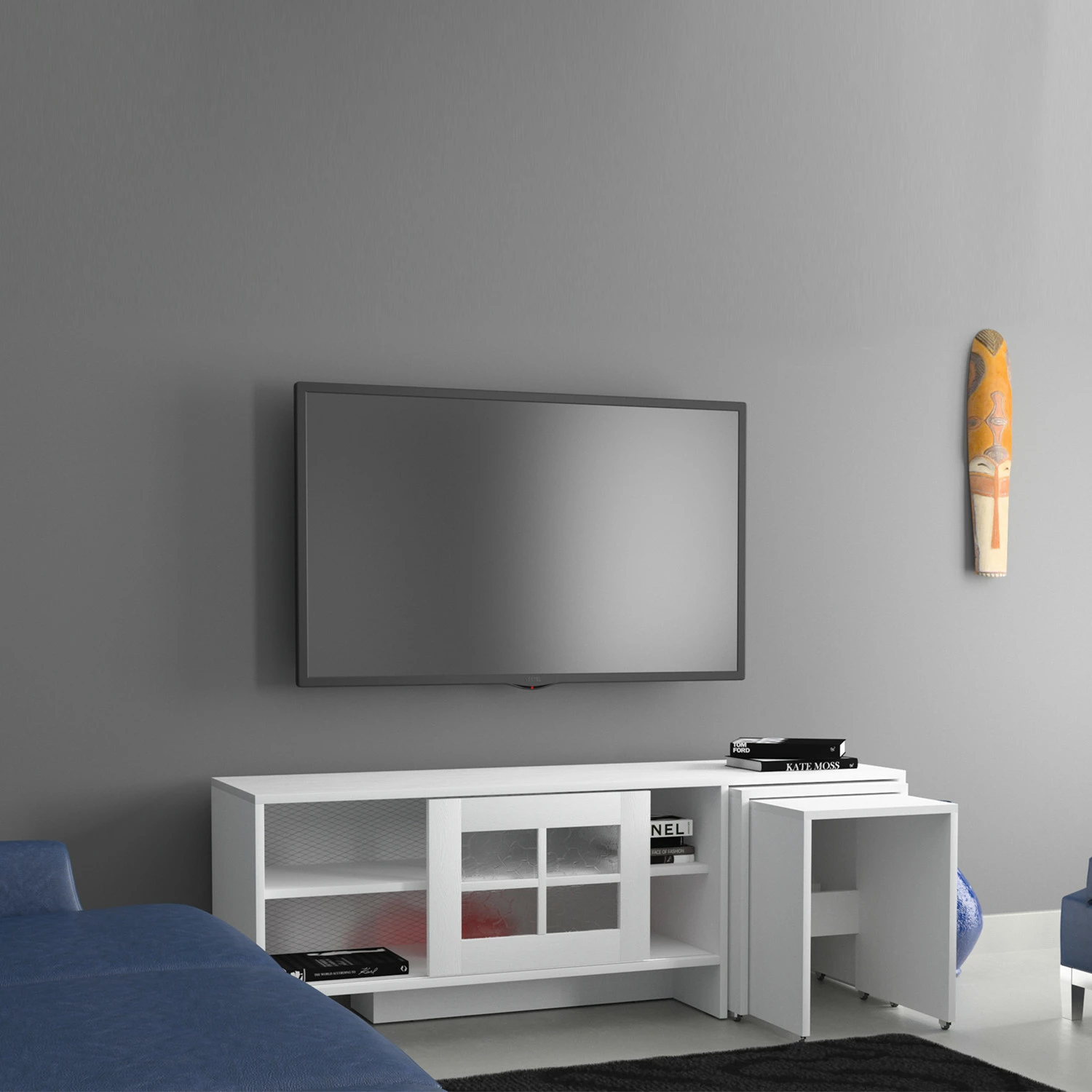 Komodë TV Hanah Home, Revival, e bardhë, me tavolina ndihmëse