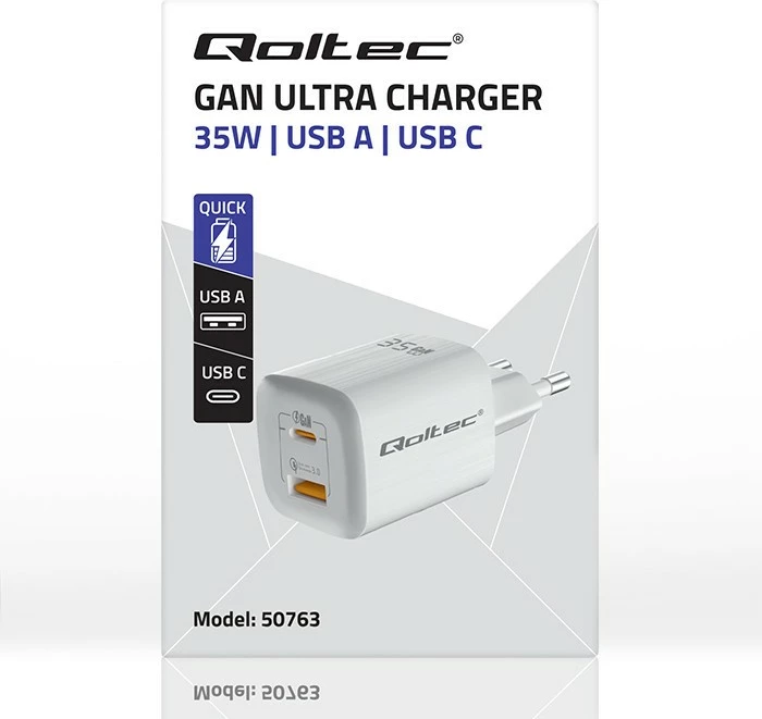 Mbushës muri Qoltec 50763, 35W, GaN, 1x USB Type C PD, 1x USB, Bardhë