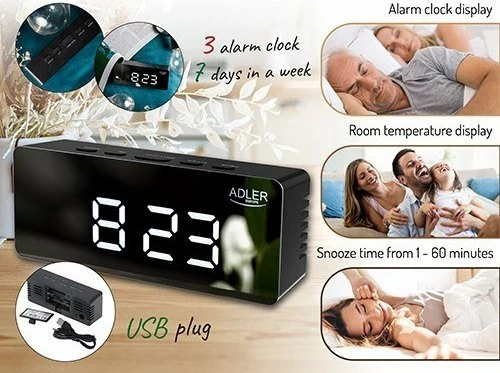 Orë alarmi digjitale Camry AD 1189B, LED display, USB, e zezë