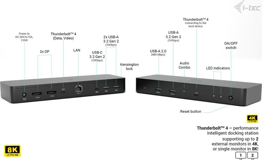 Docking stacion I-TEC Thunderbolt 4 Intelligent Dual Display DS, 2x DP, GLAN, PD 90W, e zezë