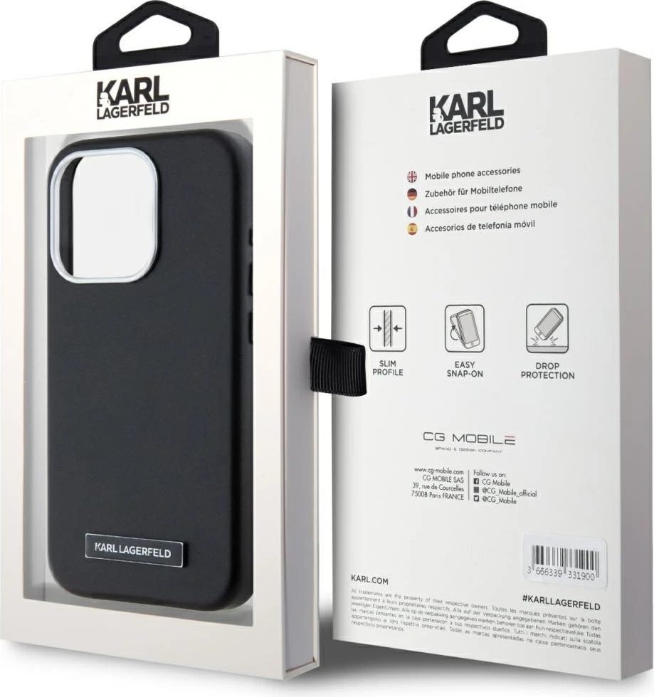 Mbështjellës Karl Lagerfeld FW Metal Plate MagSafe për iPhone 15 Pro Max, i zi