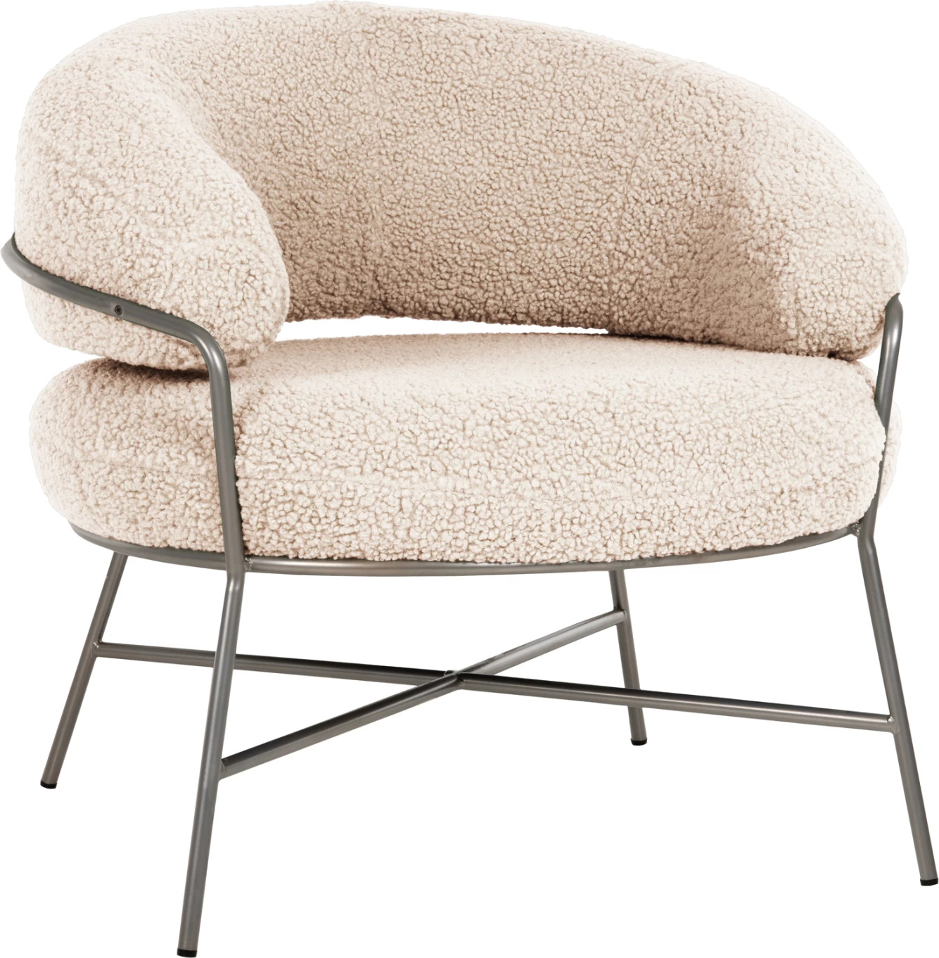 Fotelje TRUDI FH8639.23, pëlhurë boucle e bardhë dhe kornizë metalike argjendi, 84x79x76H cm