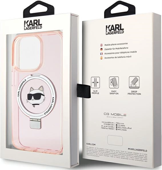 Mbështjellës Karl Lagerfeld KLHMP15XHMRSCHP për iPhone 15 Pro Max 6.7", me unazë Ring Stand Choupette Head, MagSafe, rozë