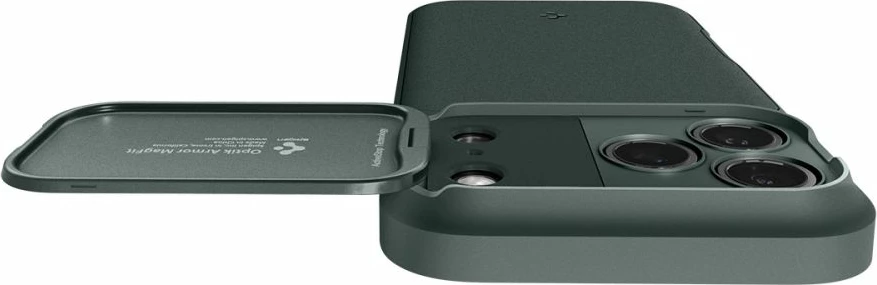 Mbështjellës Spigen Optik Armor MagSafe për iPhone 17 Pro/17 Pro Max, TPU+PC, mbrojtës kamere me slider, e gjelbër