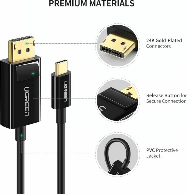 Kabllo USB-C në DisplayPort UGREEN 50994 1.5m 4K@30Hz e zezë, polybag