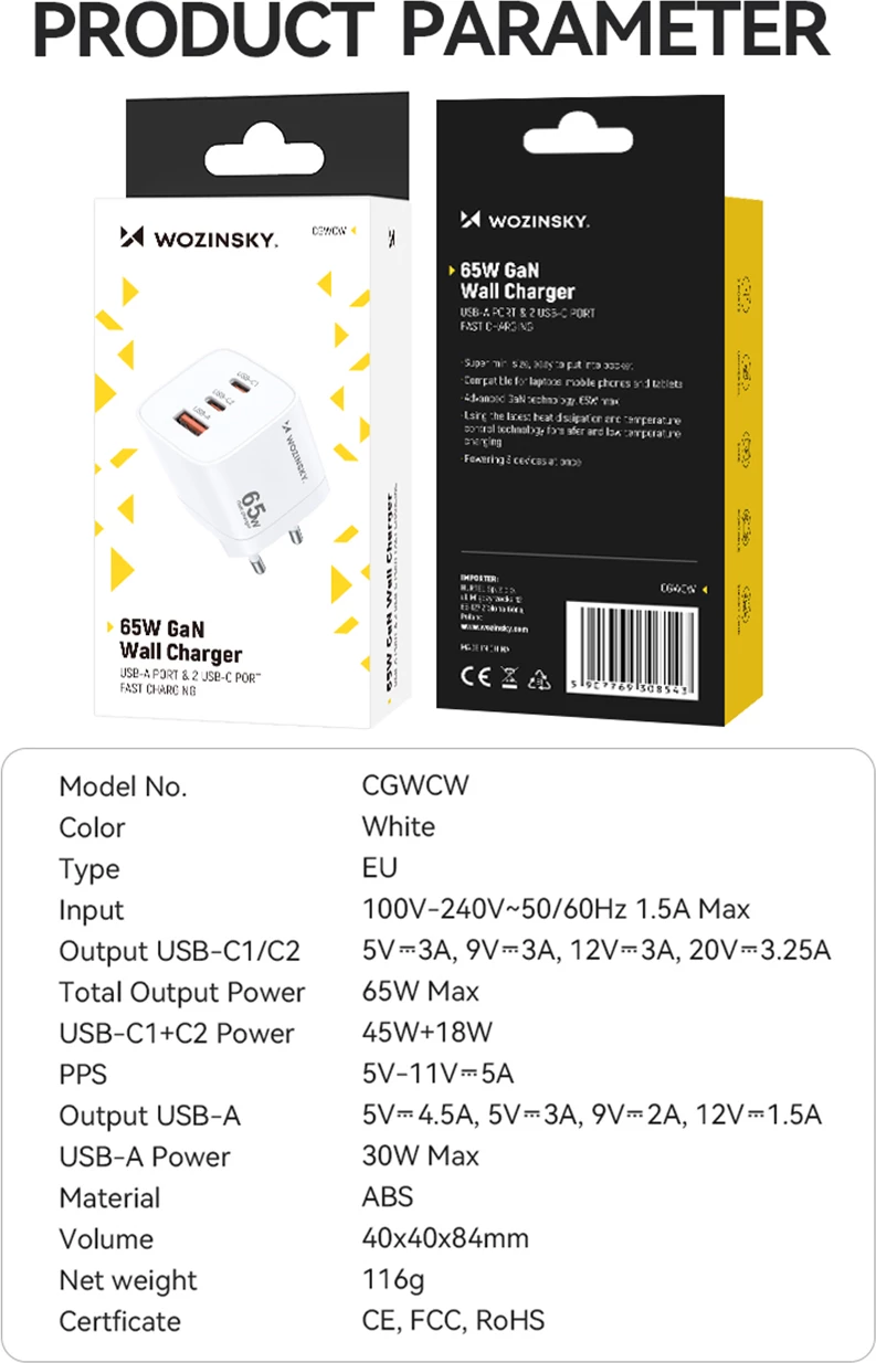 Karikues muri Wozinsky CGWCW, 65W, 2x USB-C, 1x USB-A, GaN, i bardhë
