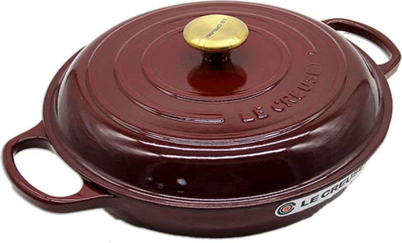kaserolë e cekët gize, Le Creuset Signature 30 cm, model 21180309494441, me kapak, Rhone e kuqe