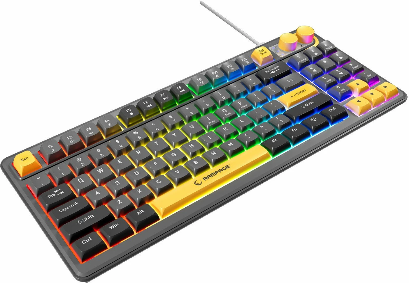 Tastierë gaming Rampage Cyclone 90%, RGB, anti-ghosting 26 taste, USB-C me kabllo të shkëputshme, membranë, e zezë
