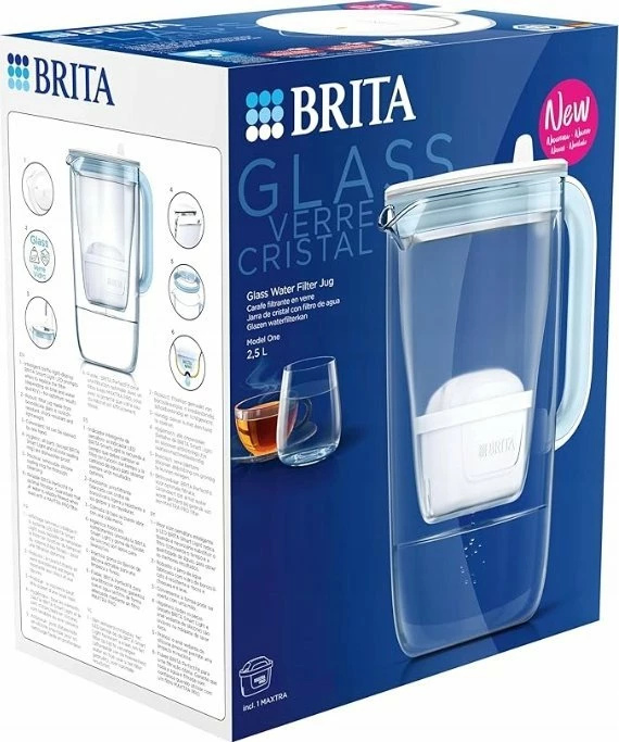 Kanarë filtruese uji Brita Glass 2.5L me indikator elektronik, 2x MAXTRA Pro Pure Performance, transparente/blu
