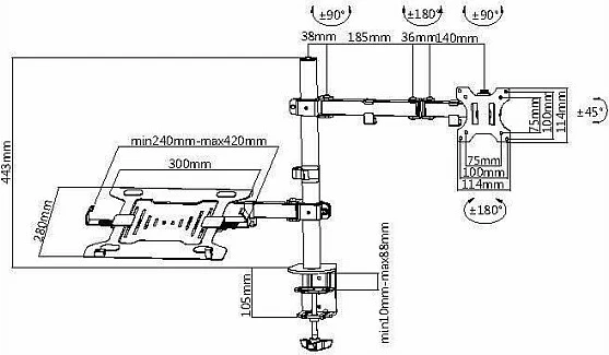 Mbajtës tavoline për monitor dhe laptop EQUIP, Dual Arm, 13"-32", VESA 75x75/100x100, 16 kg, i zi