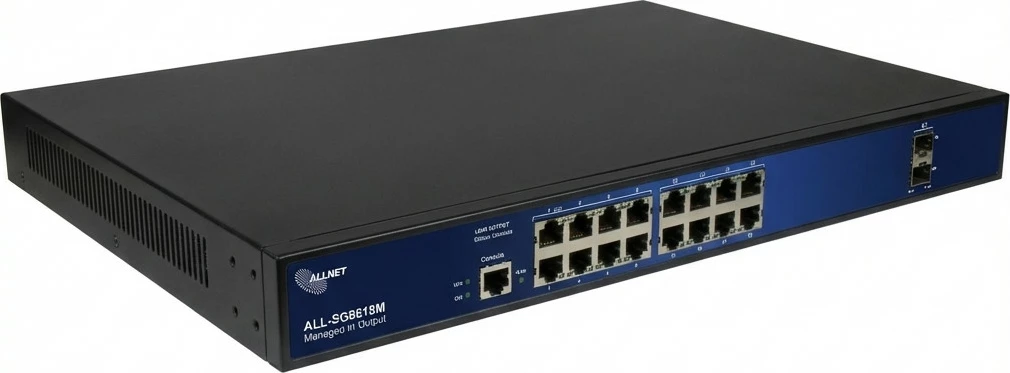 Switch rrjeti ALLNET ALL-SG8618M, 16+2 porte, rack 1U, zi/blu