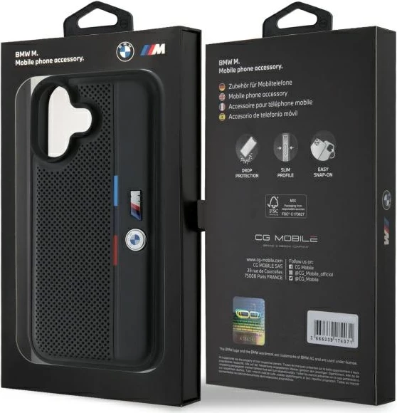 Mbështjellës BMW M Perforated Tricolor Detail Line për iPhone 16, Zi