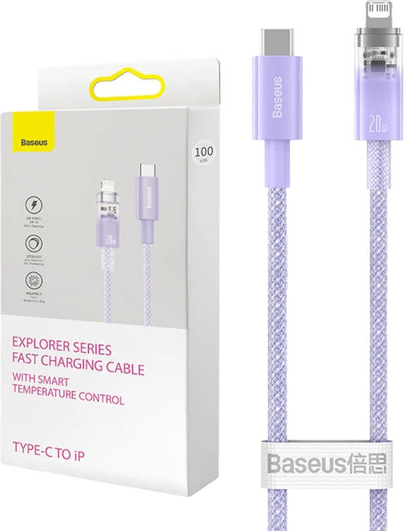 Kabllo karikimi e shpejtë Baseus Explorer Series USB-C në Lightning, 1m, 20W, vjollcë