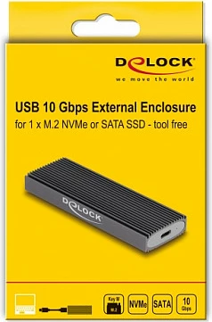 Kasë për SSD M.2 DeLOCK USB Type-C, NVMe/SATA, 10 Gbit/s, gri