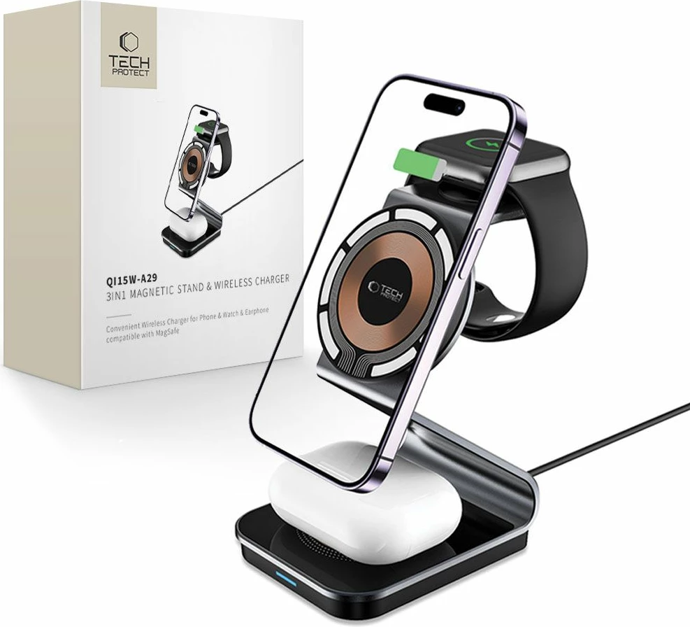 Karikues induktiv 3-në-1 Tech-Protect QI15W-A29 me MagSafe, për smartphone, Apple Watch dhe AirPods, i zi