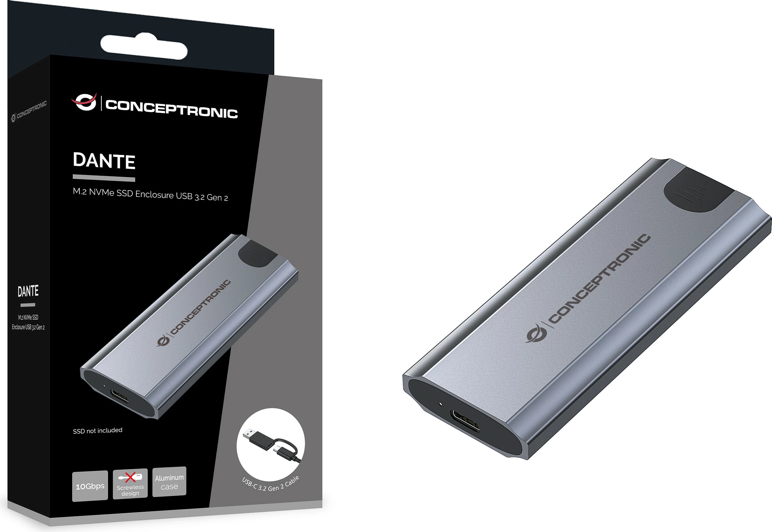 Kasë për SSD Conceptronic M.2 NVMe (M-Key), USB-C 3.2, 10Gbps, hirtë