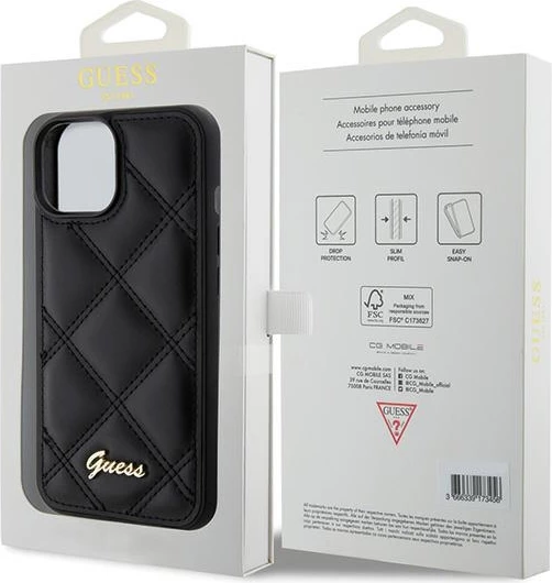 Mbështjellës Guess Quilted Metal Logo për iPhone 15, i zi