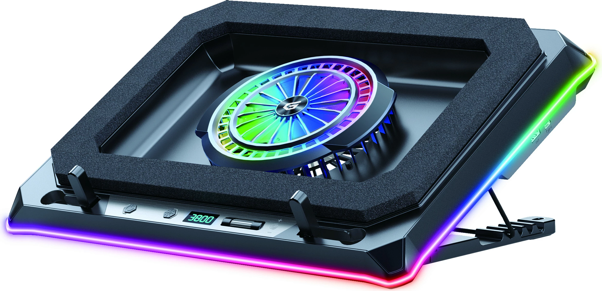 Cooling pad për laptop Conceptronic, USB-C, ventilator 130mm, mbajtës telefoni, me RGB