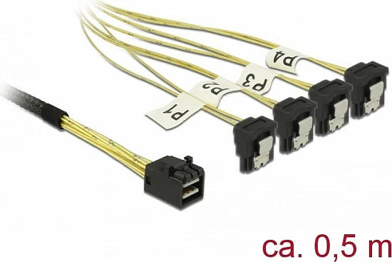 Kabllo Mini SAS HD DeLOCK 85684, SFF-8643 në 4x SATA 7-pin, 0.5 m, zezë/verdhe