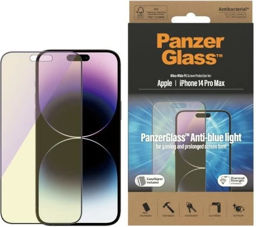Xham mbrojtës PanzerGlass Ultra-Wide Fit me filtër dritë blu dhe aplikator për iPhone 14 Pro Max