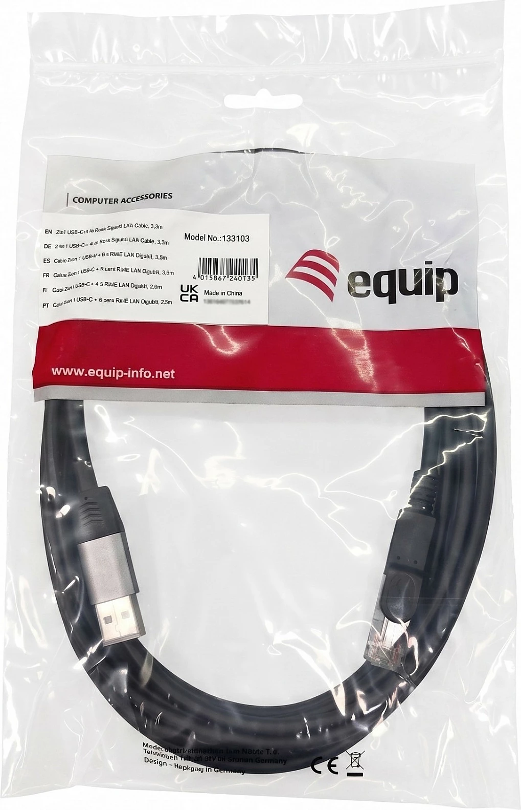Adapter rrjeti EQUIP Gigabit USB-C+USB-A në RJ45, 5m, i zi