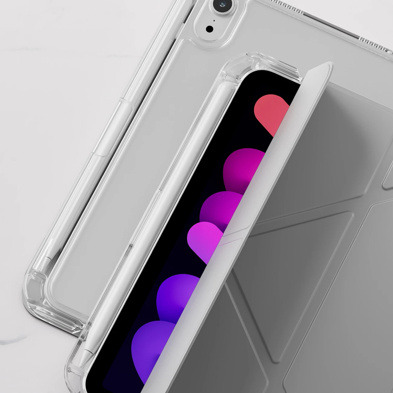 Mbështjellës tabletë, AmazingThing, Minimal Case, për iPad 11" (2025) dhe iPad 10.9" (2022), kapak me qëndrim, shpinë transparente, mbajtëse Apple Pencil, gri e çelët