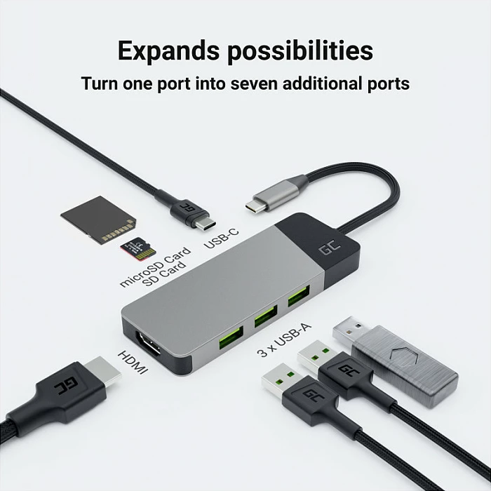USB-C hub Green Cell, 7-në-1, HDMI 4K 60Hz, USB 3.2, SD/microSD, PD 85W, argjend
