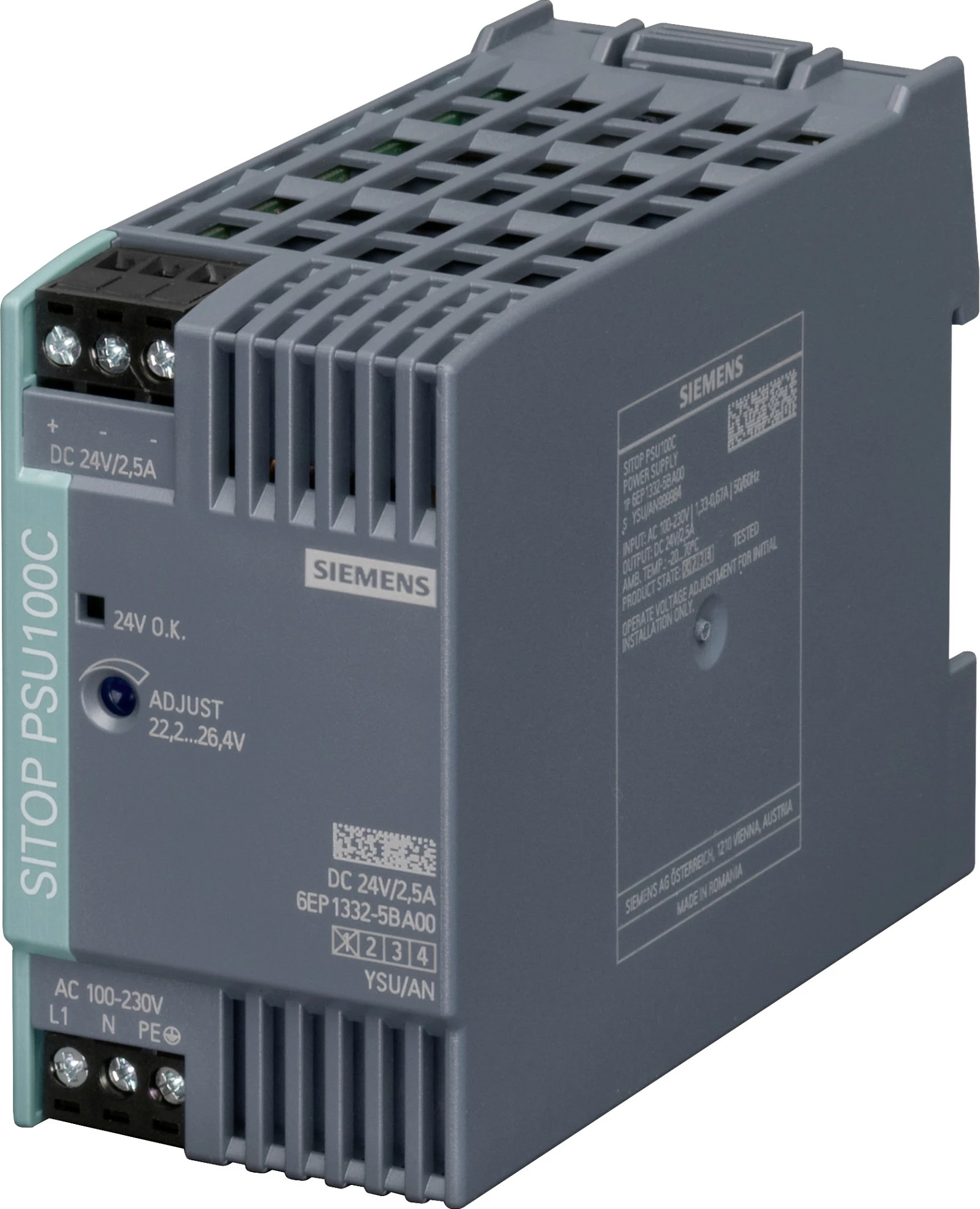Furnizues energjie Siemens SITOP PSU100C 6EP13325BA00, 24V 2.5A 60W, 120-230VAC, gri/jeshile