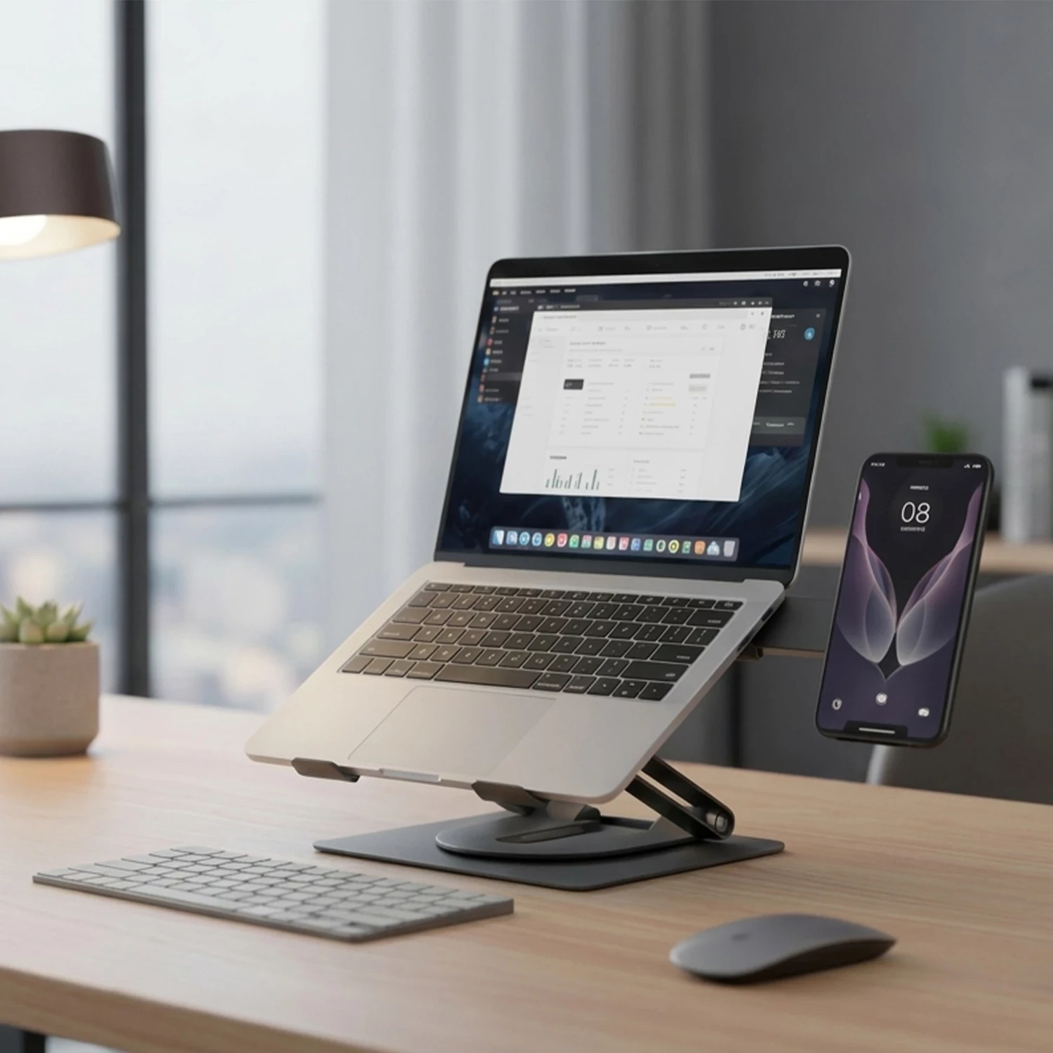 Mbajtëse laptopi UVI 360FV2, e rregullueshme në lartësi, rrotullim 360°, e palosshme, me mbajtëse magnetike telefoni, e zezë