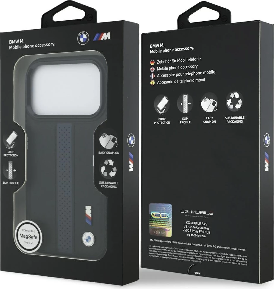 Mbështjellës BMW M Perforated Stripe Logo MagSafe për iPhone 17 Pro, eco-lëkurë/PC/TPU, blu, në kuti