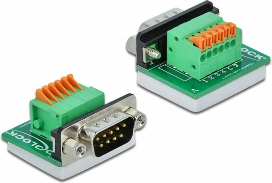 Adapter DeLOCK D-Sub9 (DB9) mashkull në bllok terminal me butona, horizontal, gjelbër/argjendtë