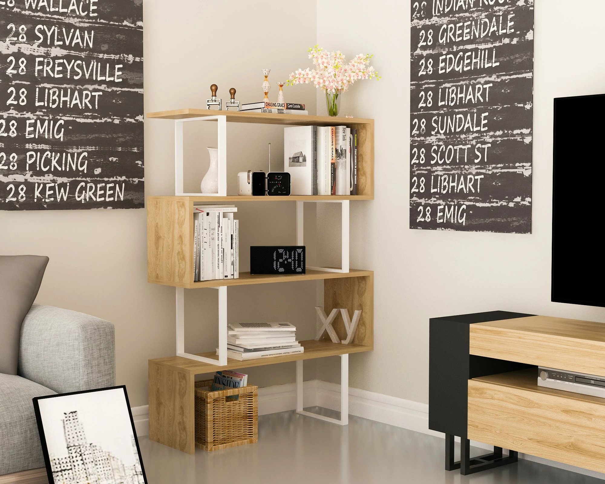 Raft librash Hanah Home, Adriana, ngjyrë lis dhe e bardhë, Ud