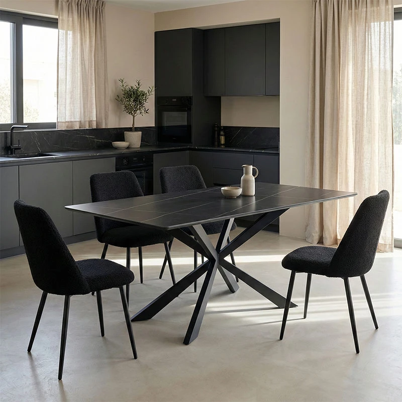 Tavolinë drejtkëndëshe, pamje mermeri e zi, këmbë metalike të zeza, 180x90x75cm